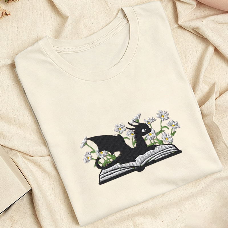 Embroidered Floral Dragon Book Classic Adult Unisex Crew Neck T-Shirt