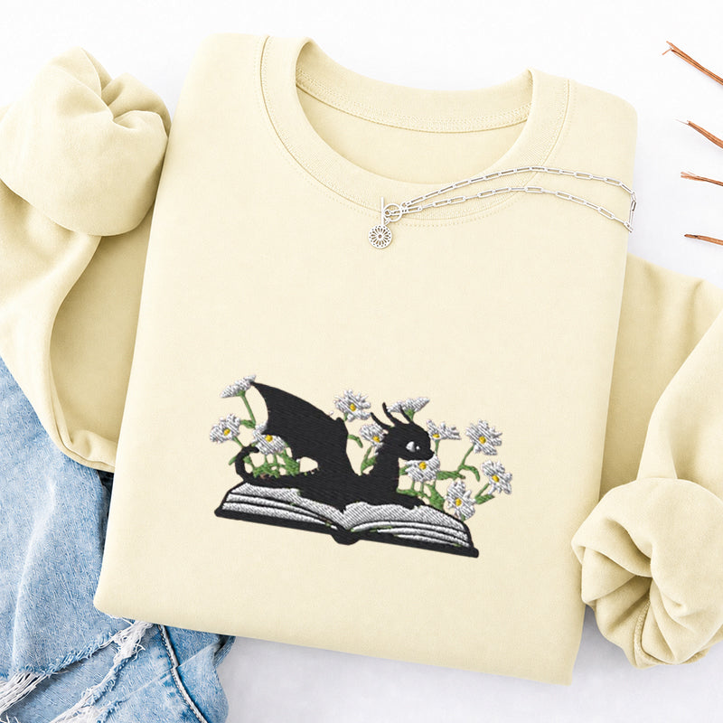 Embroidered Floral Dragon Book Classic Crewneck Sweatshirt