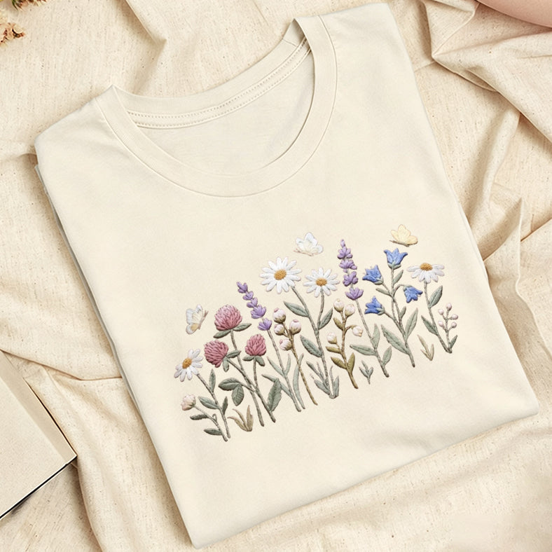 Embroidered Wildflower Classic Adult Unisex Crew Neck T-Shirt