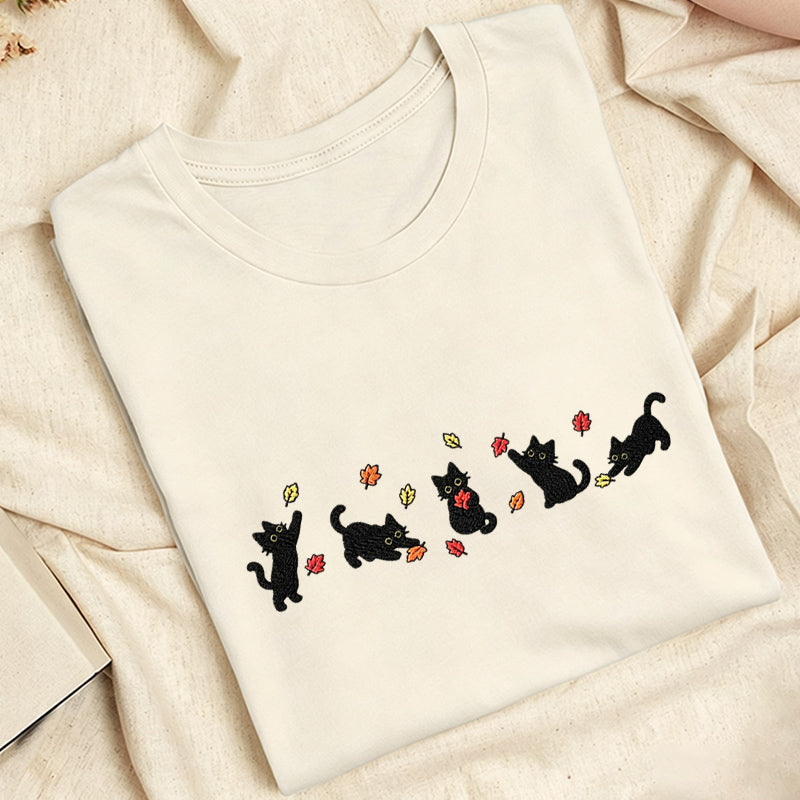 Embroidered Autumn Leaves Black Cats Classic Adult Unisex Crew Neck T-Shirt