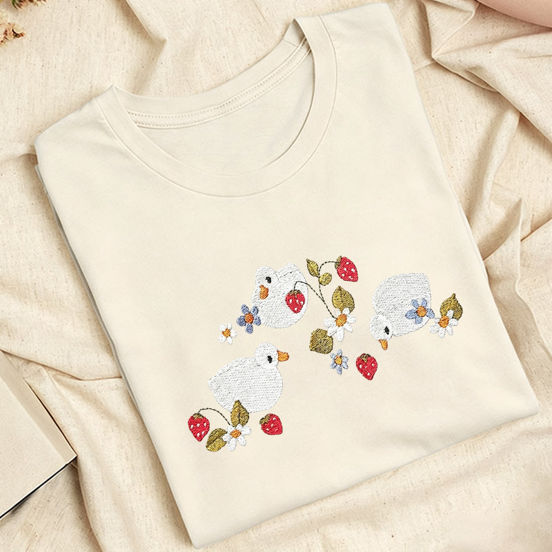 Embroidered Strawberry Duck Classic Adult Unisex Crew Neck T-Shirt