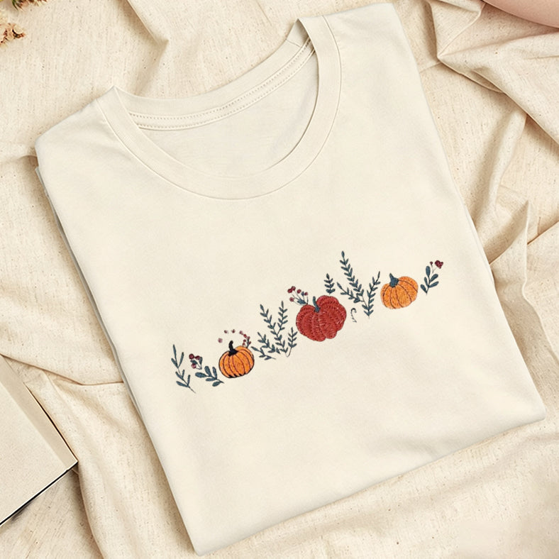 Embroidered Fall Enchanted Pumpkins Classic Adult Unisex Crew Neck T-Shirt