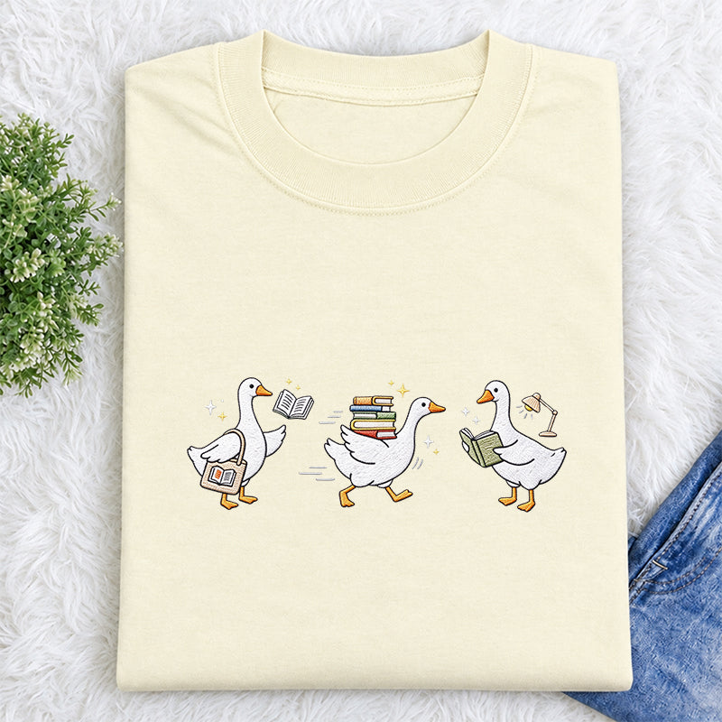 Embroidered Goose Reading Books Classic Crew Neck T-Shirt