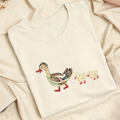 Embroidered Art Mama Duck & Ducklings Classic Adult Unisex Crew Neck T-Shirt