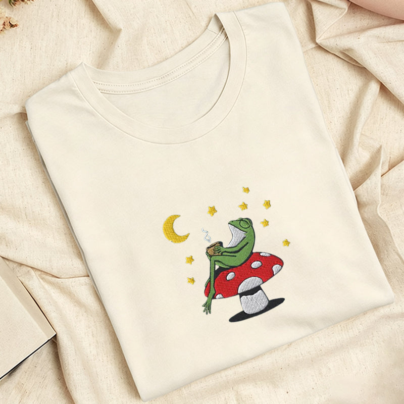 Embroidered Frog Night With Coffee Classic Adult Unisex Crew Neck T-Shirt