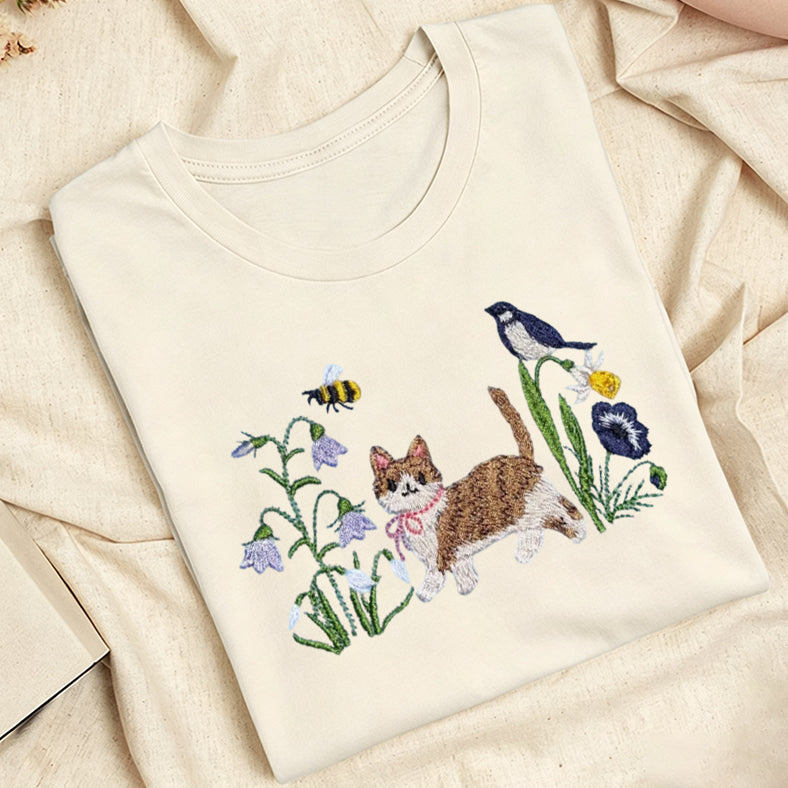 Embroidered Cat Wildflower Classic Adult Unisex Crew Neck T-Shirt