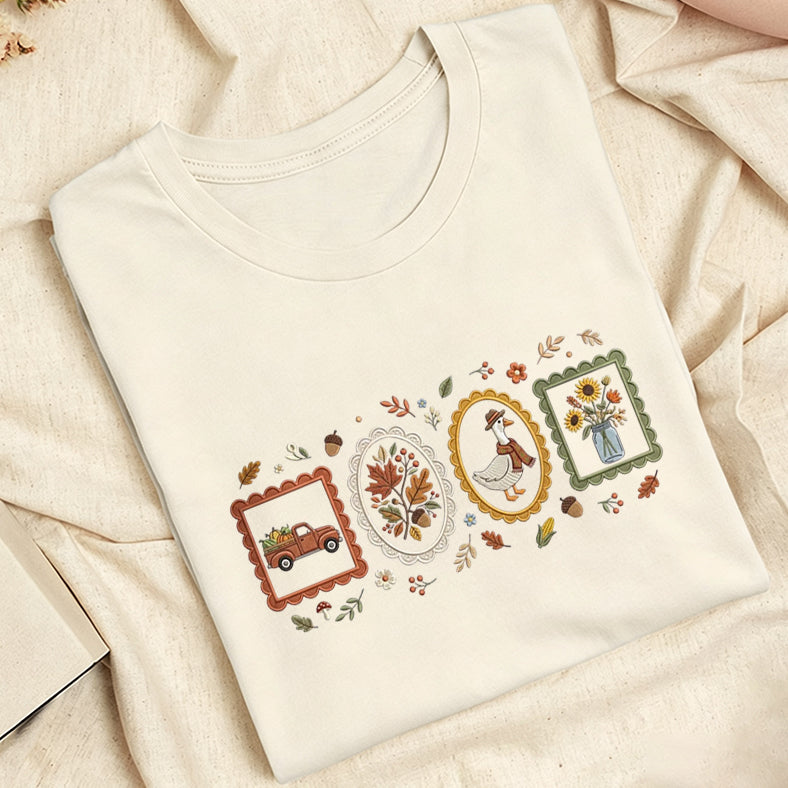 Embroidered Autumn Postcards Classic Adult Unisex Crew Neck T-Shirt