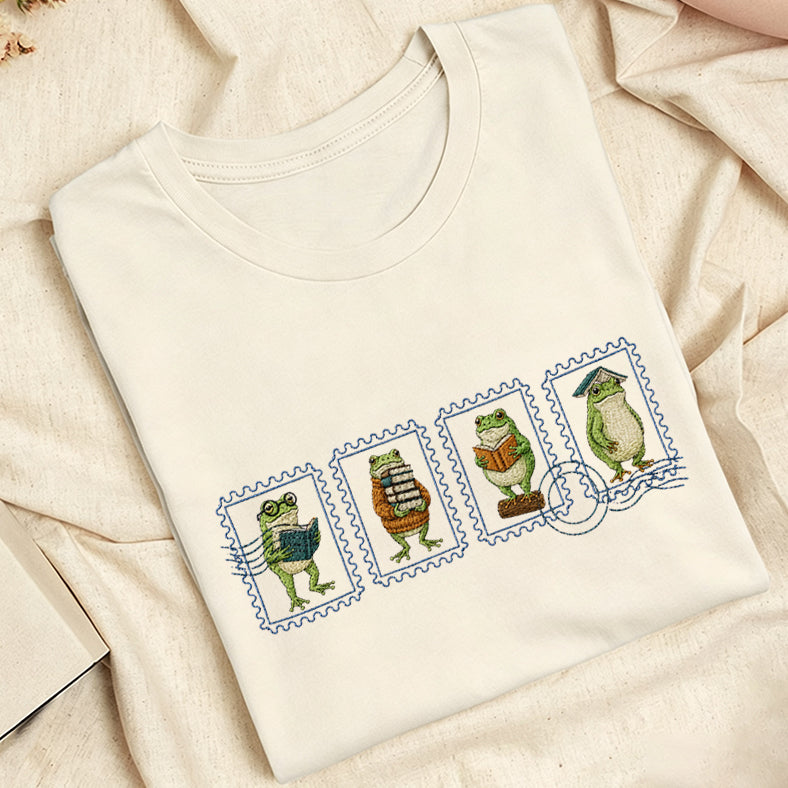 Embroidered Bookish Frog Stamp Classic Adult Unisex Crew Neck T-Shirt