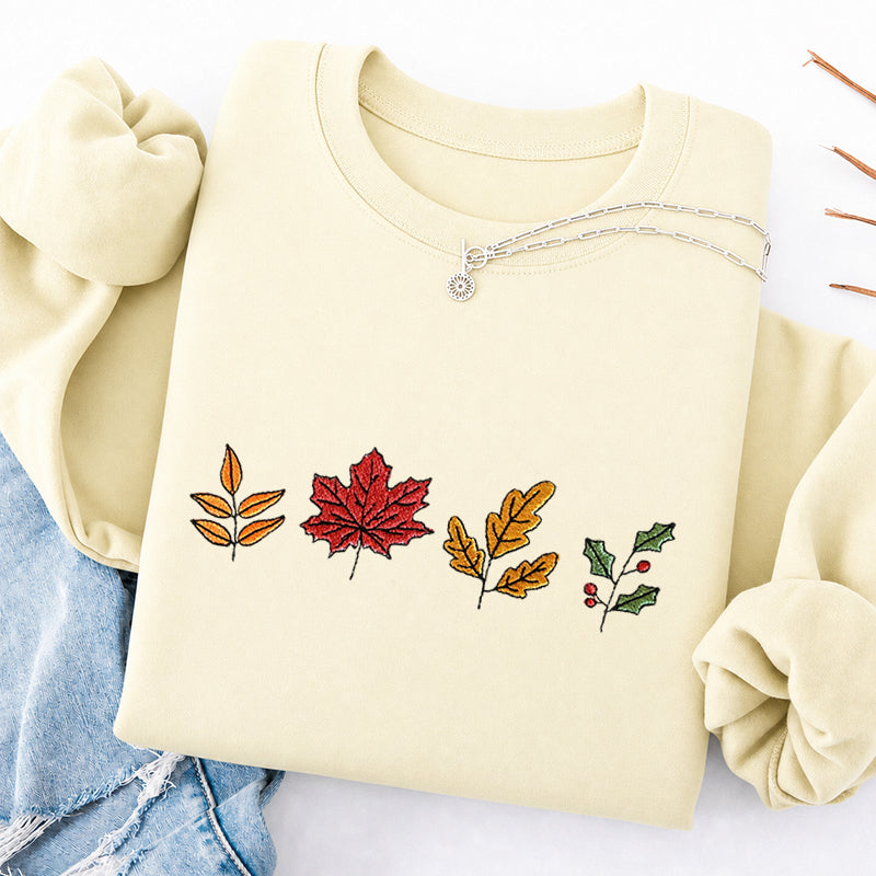 Embroidered Colorful Fall Leaves Classic Crewneck Sweatshirt