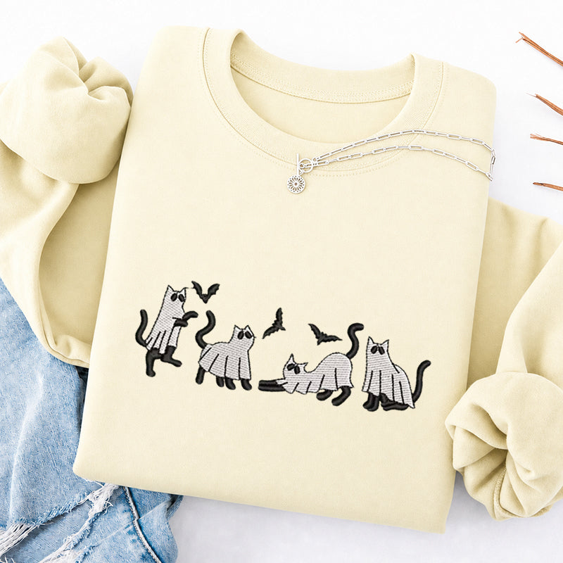 Embroidered Funny Cat Ghosts Classic Crewneck Sweatshirt
