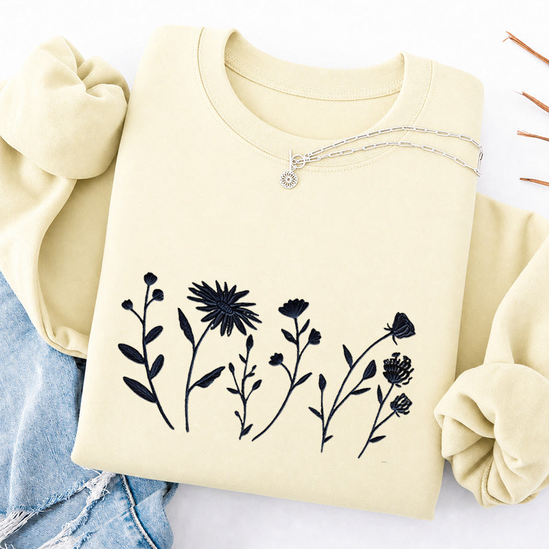 Embroidered Floral Cottagecore Classic Crewneck Sweatshirt