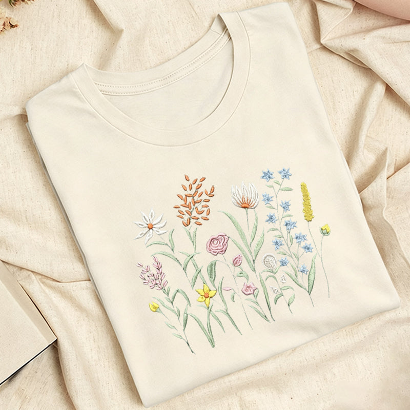 Embroidered Cute Wildflowers Classic Adult Unisex Crew Neck T-Shirt
