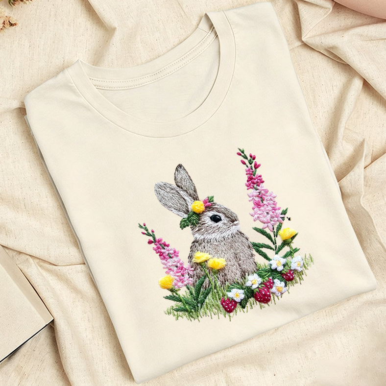 Embroidered Rabbit and Strawberries Classic Adult Unisex Crew Neck T-Shirt