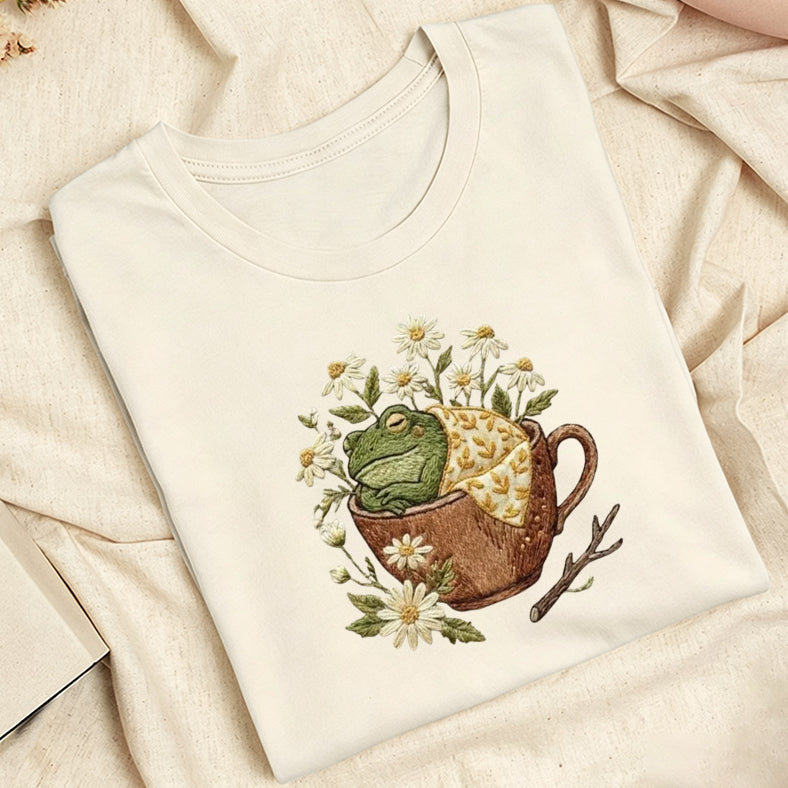 Embroidered Frog in Teacup Classic Adult Unisex Crew Neck T-Shirt