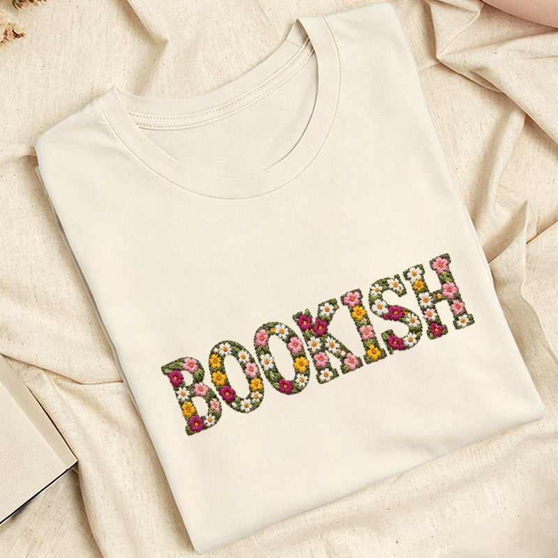 Embroidered Floral Bookish Classic Adult Unisex Crew Neck T-Shirt