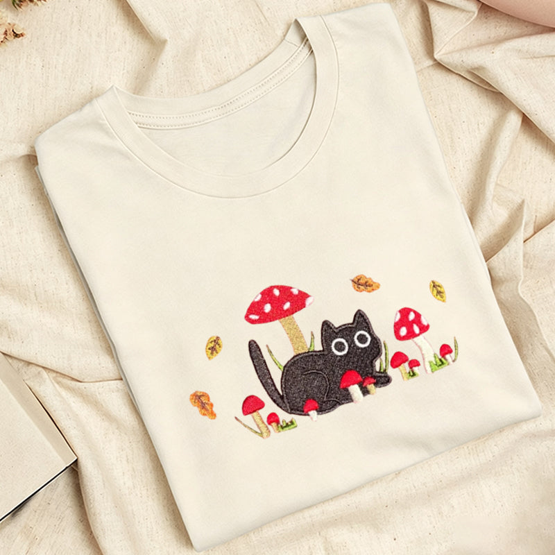 Embroidered Mushroom Cat Classic Adult Unisex Crew Neck T-Shirt