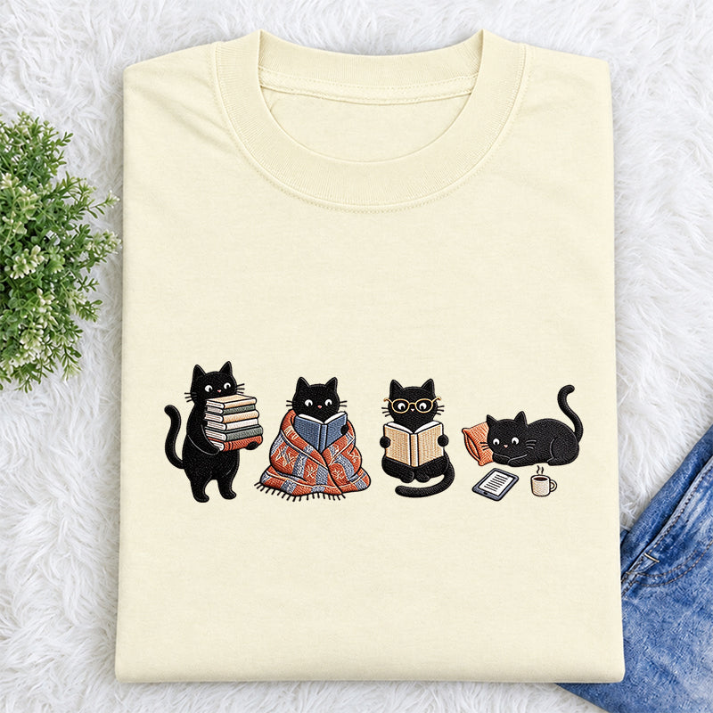 Embroidered Bookish Black Cats Classic Crew Neck T-Shirt