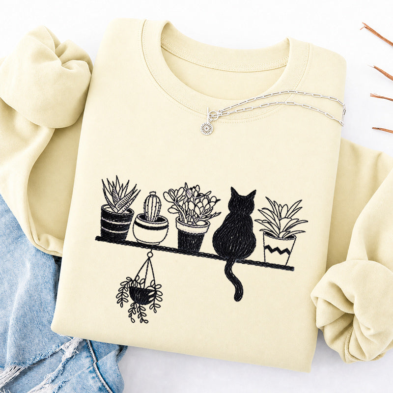Embroidered Cats And Plants Classic Crewneck Sweatshirt