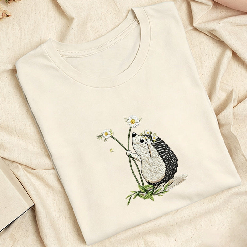 Embroidered Hedgehog Daisy Classic Adult Unisex Crew Neck T-Shirt