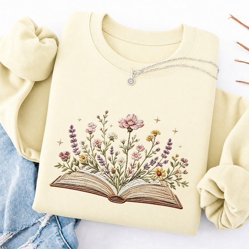 Embroidered Floral Book Classic Crewneck Sweatshirt