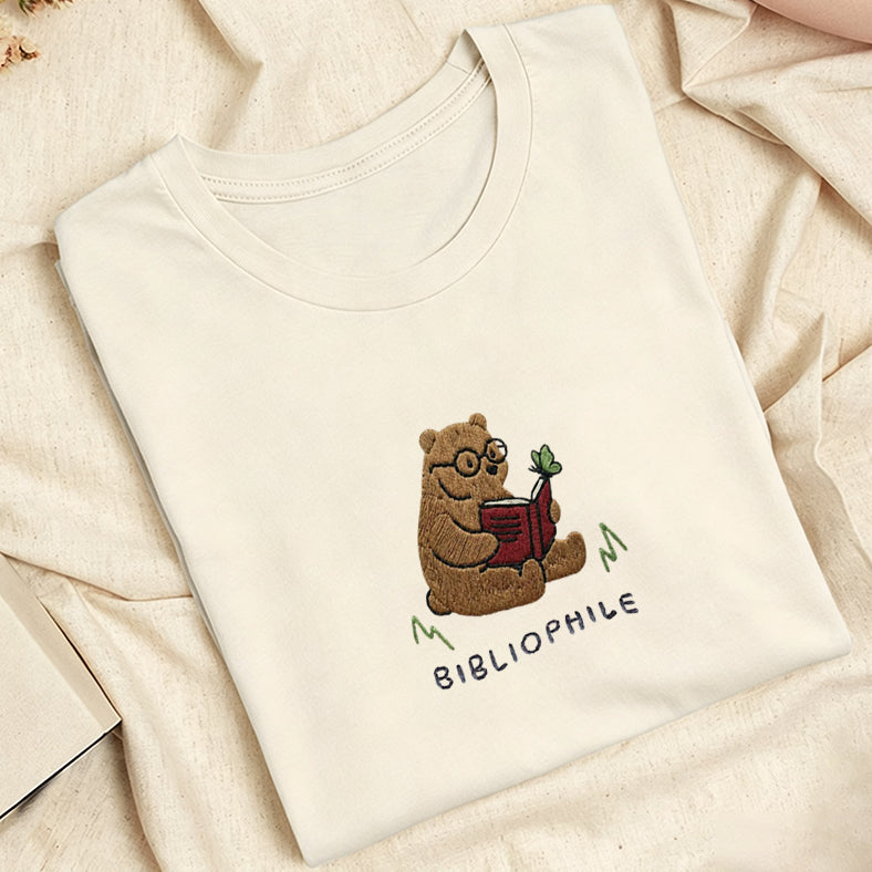 Embroidered Reading Bear Classic Adult Unisex Crew Neck T-Shirt