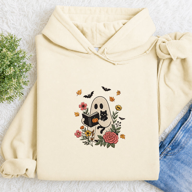 Embroidered Floral Ghost Reading Classic Adult Unisex Hoodie