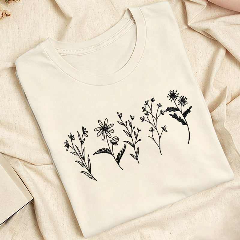 Embroidered Flower Lines Classic Adult Unisex Crew Neck T-Shirt