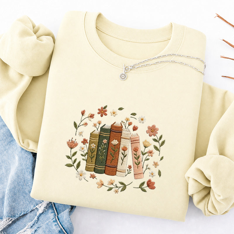Embroidered Floral Book Stack Classic Crewneck Sweatshirt