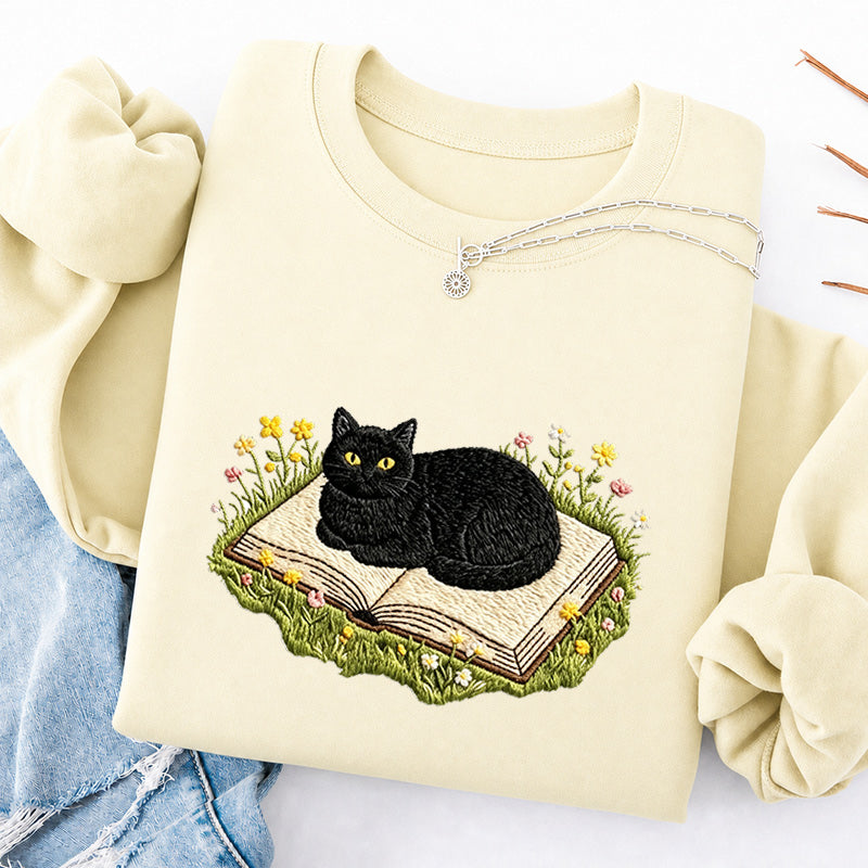 Embroidered Black Cat Book Classic Crewneck Sweatshirt