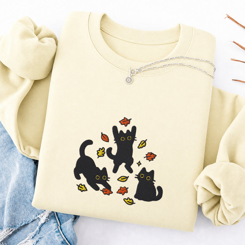 Embroidered Black Cats Fall Leaves Classic Crewneck Sweatshirt