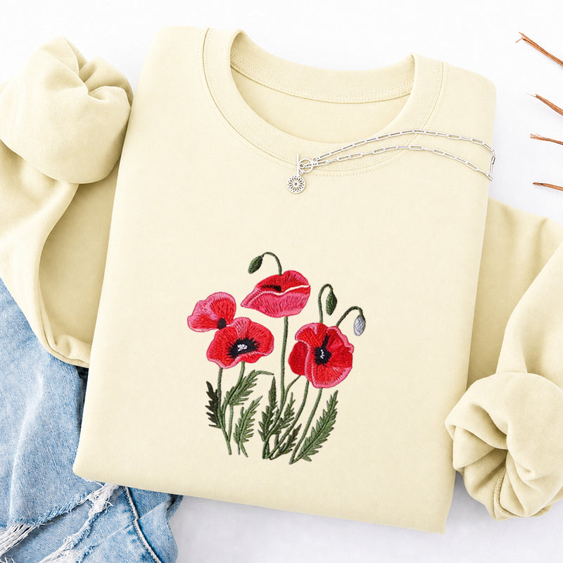 Embroidered Poppy Flower Classic Crewneck Sweatshirt