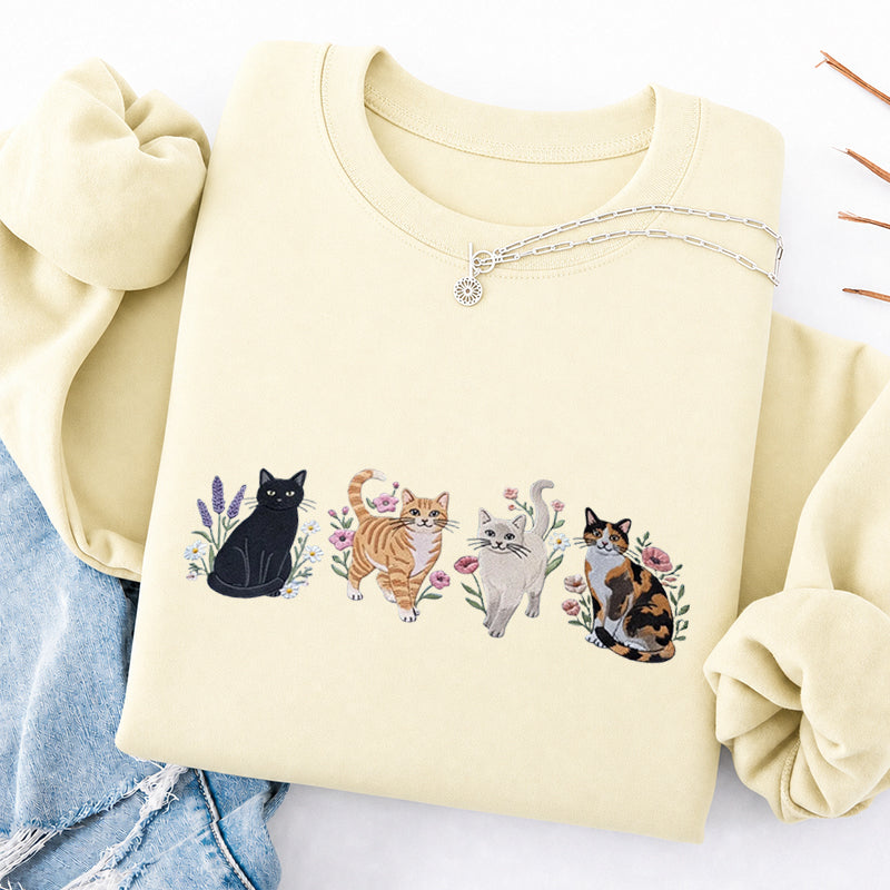 Embroidered Cats And Flowers Classic Crewneck Sweatshirt