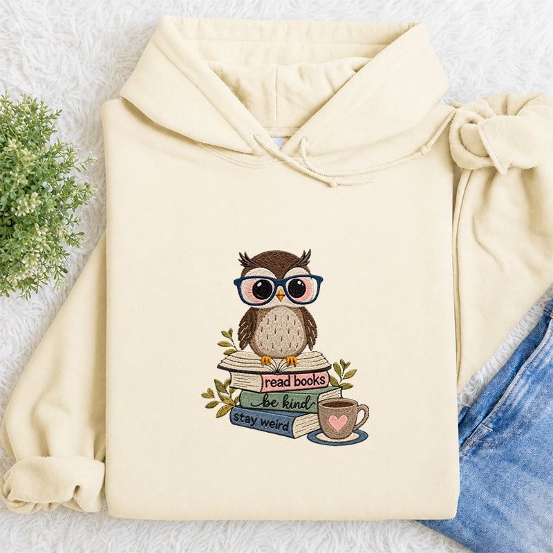 Embroidered Read Books Be Kind Owl Classic Adult Unisex Hoodie