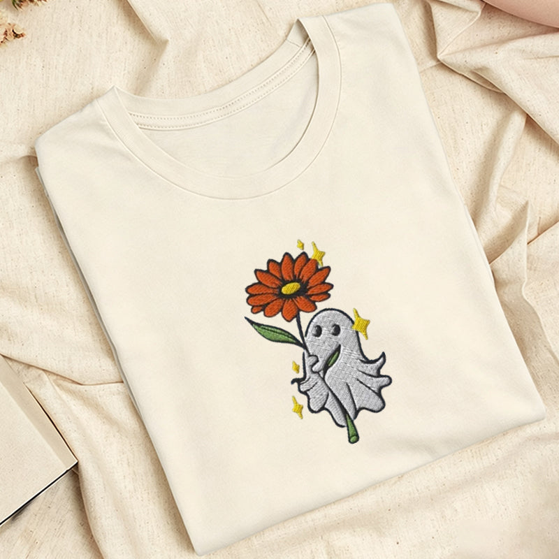 Embroidered Ghost Holding a Flower Classic Adult Unisex Crew Neck T-Shirt