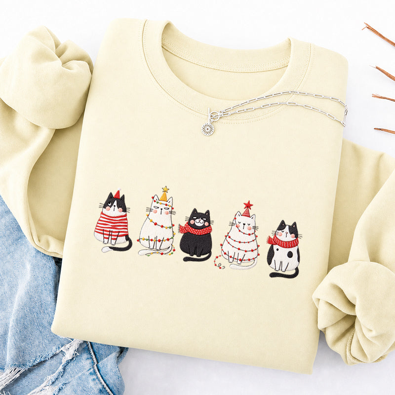 Embroidered Cute Cat Christmas Classic Crewneck Sweatshirt