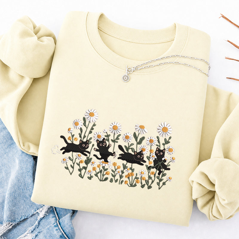 Embroidered Garden Playing Cats Daisy Classic Crewneck Sweatshirt