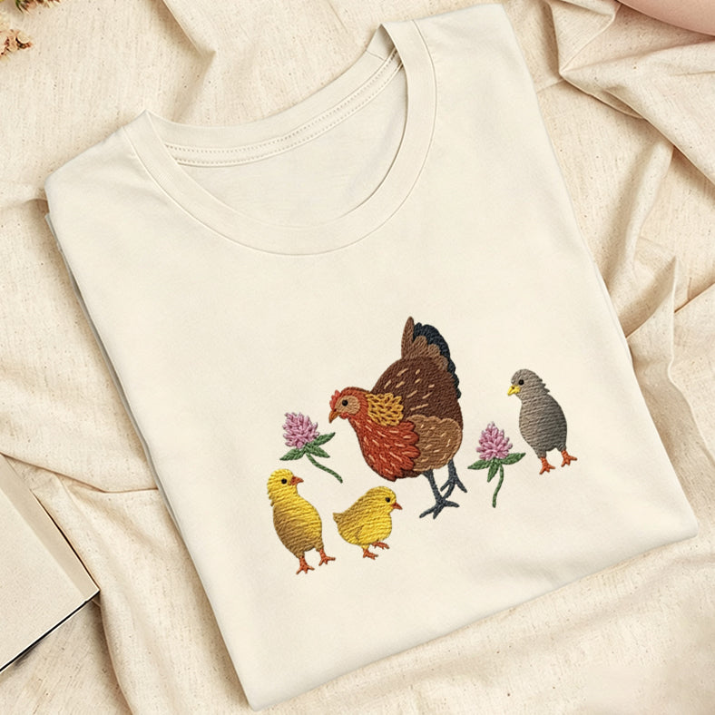 Embroidered Hen & Chicks Classic Adult Unisex Crew Neck T-Shirt