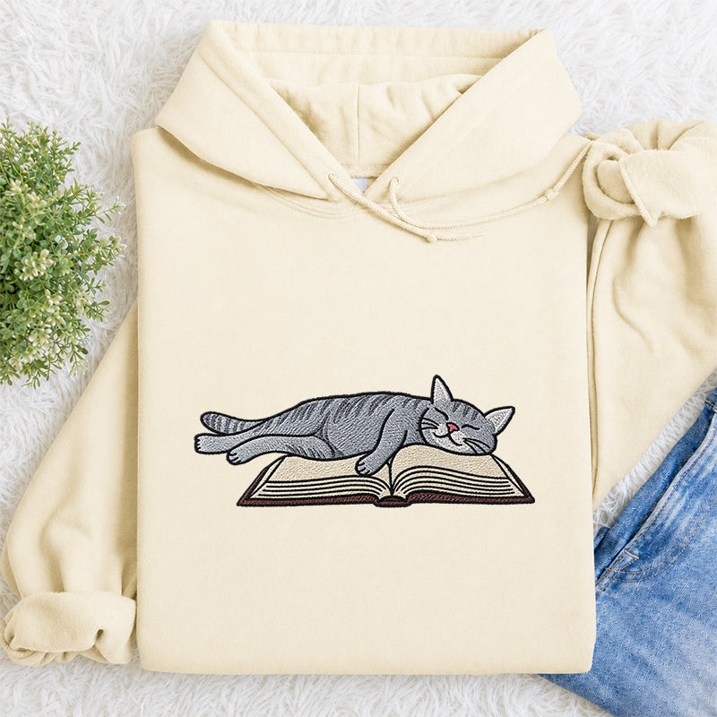 Embroidered Cat Sleeping On Book Classic Adult Unisex Hoodie