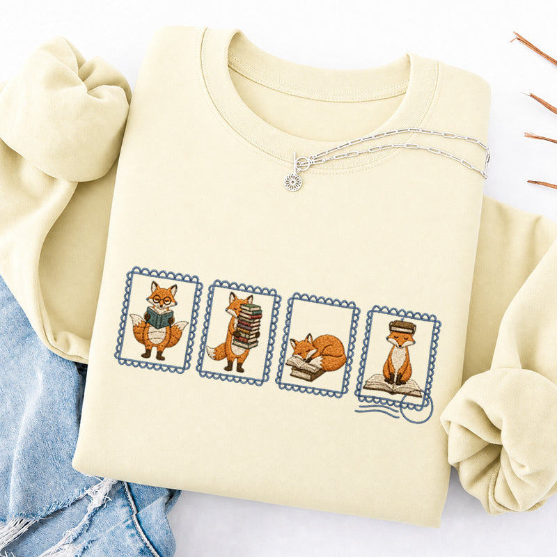 Embroidered Bookish Fox Stamp Classic Crewneck Sweatshirt