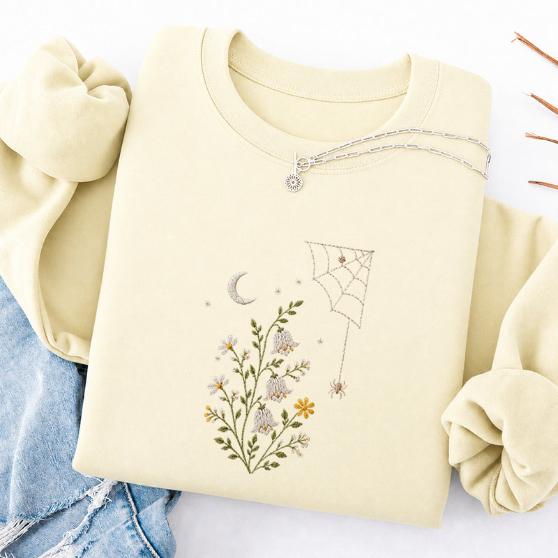 Embroidered Floral Spider Web Classic Crewneck Sweatshirt