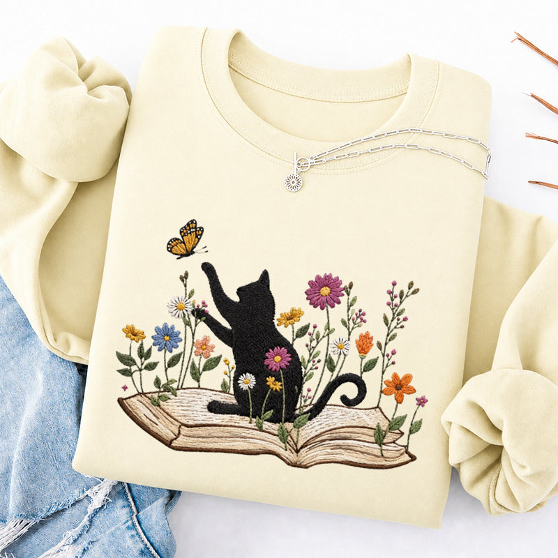 Embroidered Floral Book Cat Classic Crewneck Sweatshirt