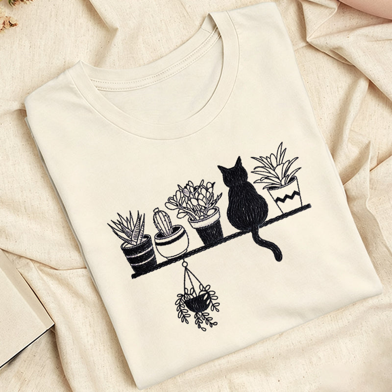 Embroidered Cats And Plants Classic Adult Unisex Crew Neck T-Shirt