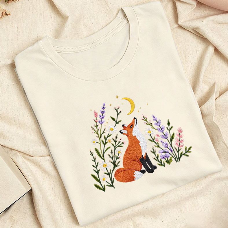 Embroidered Fox Wildflower Classic Adult Unisex Crew Neck T-Shirt
