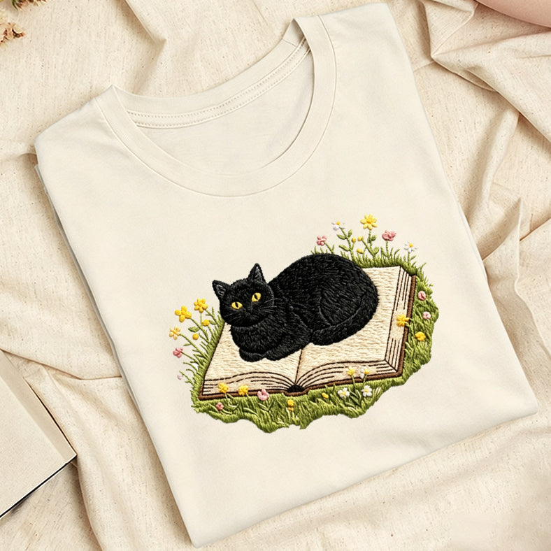 Embroidered Black Cat Book Classic Adult Unisex Crew Neck T-Shirt