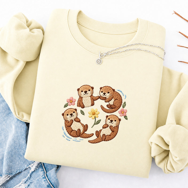 Embroidered Sea Otters And Flowers Classic Crewneck Sweatshirt
