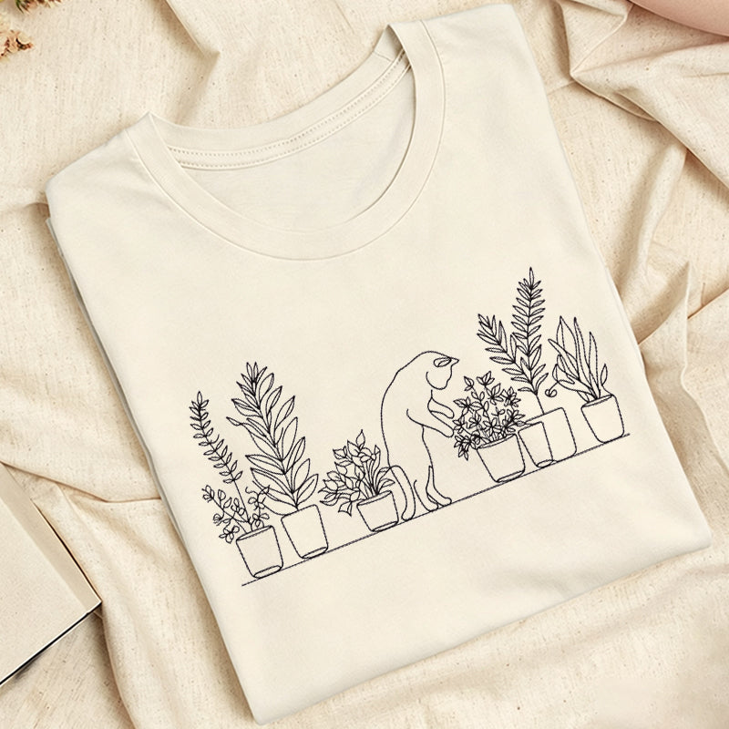 Embroidered Cat and Plant Lover Classic Adult Unisex Crew Neck T-Shirt