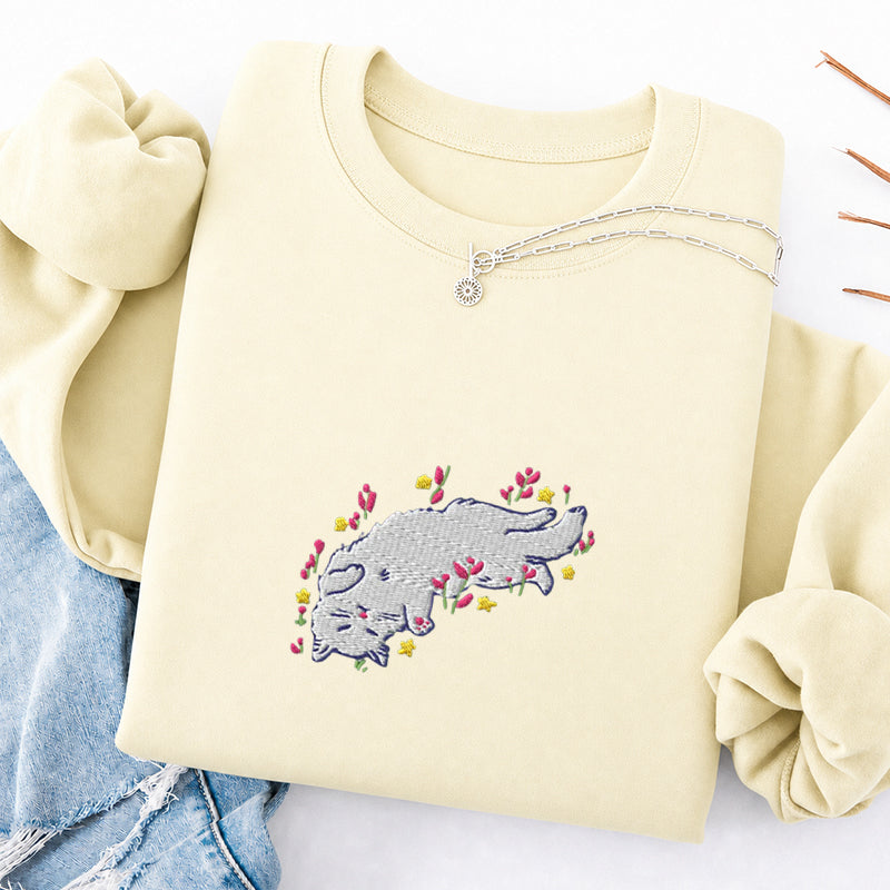 Embroidered Floral Playing Cat Classic Crewneck Sweatshirt