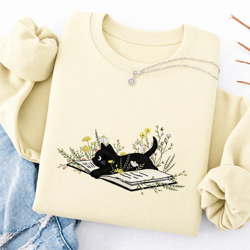 Embroidered Floral Book Cat Classic Crewneck Sweatshirt