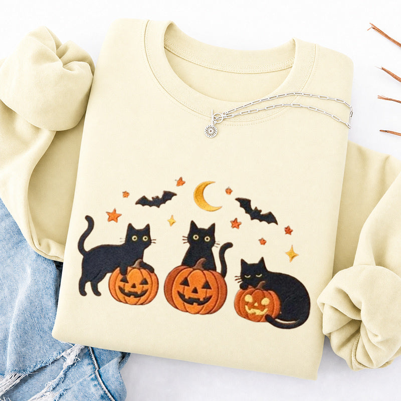 Embroidered Black Cats and Pumpkin Halloween Classic Crewneck Sweatshirts