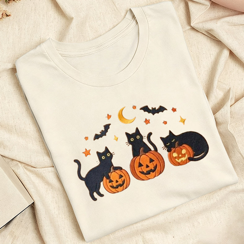 Embroidered Black Cats Pumpkins Classic Adult Unisex Crew Neck T-Shirt